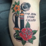 Traditional phone tattoo, Seinfeld tattoo, phone, old phone tattoo, Iron tiger, Columbia MO, Gabe Garcia