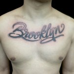 Beautiful Script Tattoo, Chest Script Tattoo Ideas, Collar rocker, Italic Lettering Tattoo Designs, Script Tattoo, Custom Lowrider Style Script Lettering, Tattoo Letters, Lettering Designs, Custom Chest Script Lowrider Font Lettering with Drop Shadow and Black and Grey, Lettering Tattoo, Brooklyn NY, NYC, Brooklyn tattoo,Brooklyn, Tattoo, Lettering, Script, Chest Tattoo, Gabe Garcia, Iron Tiger, Columbia MO