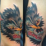 wolf head tattoo, wolf tattoo, traditional, traditional wolf tattoo, Iron Tiger, Columbia MO, Gabe Garcia