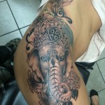 Beautiful Ganesha thigh tattoo: Tattoo Ideas, Thigh Tattoos, Tattoo Inspiration, Ganesh Tattoo, Black and grey Ganesha tattoo, Traditional, Ganesh, Ganesha, Tattoo, Iron Tiger, Columbia MO, Gabe Garcia