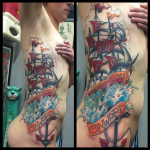 tattoo on ribs, side, tattoo, ship,