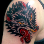 wolf head tattoo, wolf tattoo, traditional, traditional wolf tattoo, Iron Tiger, Columbia MO, Gabe Garcia