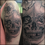 Traditional Skull and Flowers tattoo, Iron Tiger, Columbia MO, Gabe Garcia