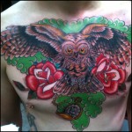 Tattoo Ideas, Traditional Tattoos, Owl Tattoo, Tattoo Inspiration, owl Tattoos, Traditional owl Tattoo, owl Tattoo, Chest tattoo, Chest owl, chest piece, Iron Tiger, Columbia MO, Gabe Garcia