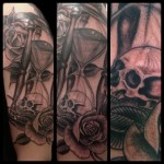 Hourglass, skull, rose, tattoo